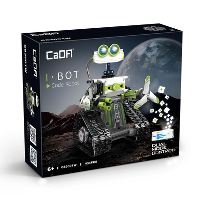 Packaging box with image of the lego style green and white robot on the front.  This Cada bricks Bot Code Robot Lego compatible building bricks kit enables you to build your own robot that you can programme and control. The remote control has a distance of more than 25m and the moving head has LED lights meaning there is a lot of scope for fun. 