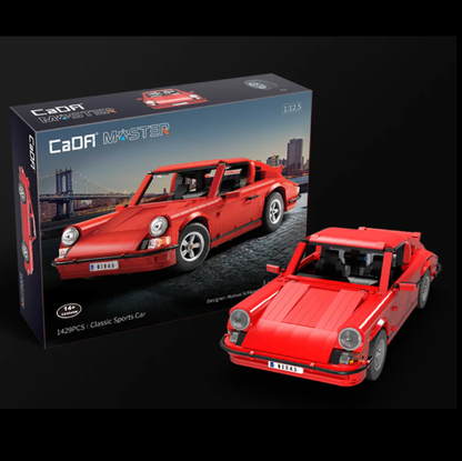 Product box with a built lego style red sports car in front. This Cada bricks Classic Sports Car Lego compatible building bricks kit enables you to build your own sports car designed by M Schlegel. This kit enables you to build a car that can be easily motorised (not included), it has independent suspension, a fake working engine and exterior and interior design.