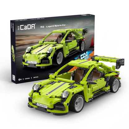 Boxed Lego compatible car with the green car built in front. Cada bricks Legend Sports Car 