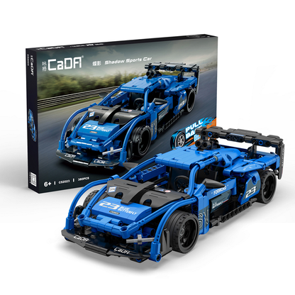 Box for a blue lego compatible car with the blue car in front built up. This Cada bricks Shadow Sports Car building bricks kit enables you to build your own pull back and go vehicle