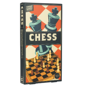 Wooden Chess set, a tall box with orange check background and two large king chess pieces 