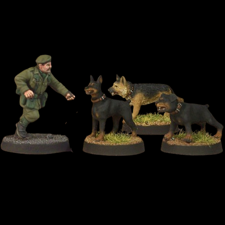 Army Dog Handler by Crooked Dice, a set of four 28mm scale metal miniatures depicting a soldier and three dogs, one German Shepherd, one Doberman and one Rottweiler,