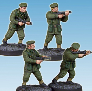 Army Privates with SMGs by Crooked Dice, a set of four 28mm scale metal miniatures depicting soldiers holding submachine guns in various poses 