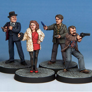 Detectives & Lowlifes by Crooked Dice, a set of four 28mm scale metal miniatures depicting old school cops and a sultry lady in a fur coat. One of the detectives holds a gun out in front of him, the other has a note pad and pen and the third is wearing a hat and holding a cigar