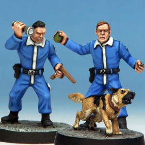 Minion Dog Handler & Grenadier by Crooked Dice, a set of two 28mm scale metal miniatures depicting henchmen wearing matching blue uniforms and black boots, one with a torch held up next to his face and a guard dog 