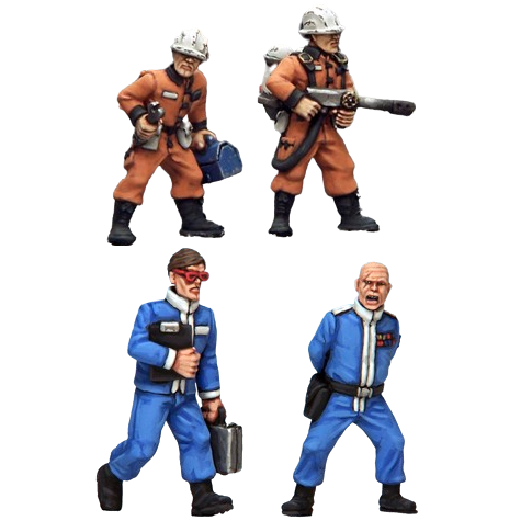 Minion Specialists by Crooked Dice, a set of four 28mm scale metal miniatures depicting henchmen wearing matching uniforms and black boots. Two are wearing white hard hats with one carrying a blue toolbox and the other a flamethrower, there are also management style goons still in the same boiler suit style uniform but one is wearing glasses and carrying a briefcase and clipboard and the other is bald and has his hands behind his back and mouth open as if issuing orders.