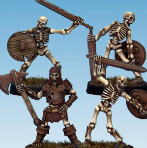 Skeleton Warriors set 2 by Crooked Dice, a set of four 28mm scale metal miniatures depicting undead warriors three with sword and shields in various poses and one with an axe and armour, all be it rusty on a light blue background