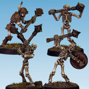 Skeleton Warriors set 3 by Crooked Dice, a set of four 28mm scale metal miniatures depicting undead warriors with morningstars in various poses, one with a shield and one with armour, all be it rusty on a light blue background. With two at the back and two at the front