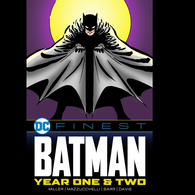 DC Finest: Batman: Year One & Two graphic novel with batman looking straight forward with a purple background and large yellow moon