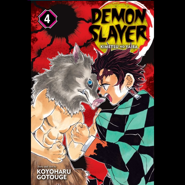 Demon Slayer Kimetsu Academy Vol. 4 graphic novel. red back ground with manga characters on the front, one boy in a green and black checker coat and the other wearing a boar mask and being bare chested 