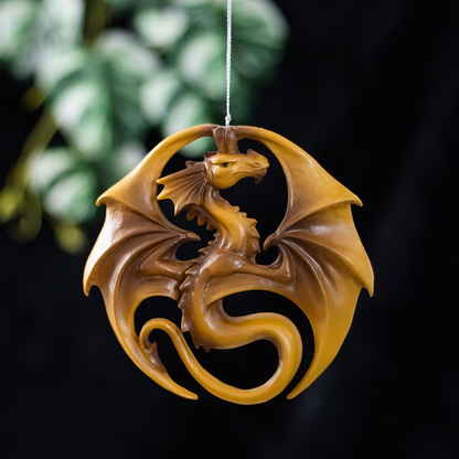 Dragon Medal Hanging Ornament from the Dragon Magic range by Anne Stokes featuring a striking yellow dragon emblem with a loop attached ready for hanging. The Dragon order of merit is bestowed on the worthy by a circular dragon motif.