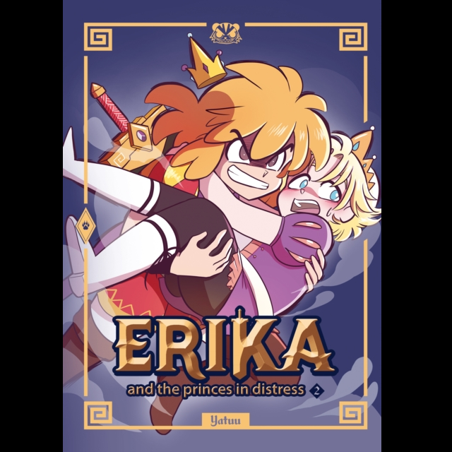 Erika and the Princes in Distress 2 graphic novel. a purple background with cartoon female carrying a prince who looks scared to safety 