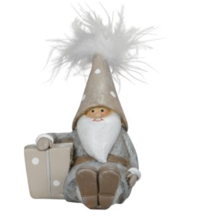 A delightful gnome ornament in stylish grey tones sat with his legs together and one arm on top of a spotty wrapped present. With a smiling face this gnome figurines has a feather toped hat and would add charm to your festive home decorations or make a wonderful gift for a friend.