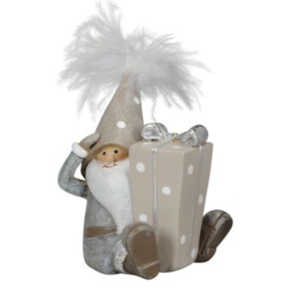 A delightful gnome ornament in stylish grey tones sat with a tall present between his feet sporting a silver bow. Saluting with one hand this gnome figurines has a feather toped hat and would add charm to your festive home decorations or make a wonderful gift for a friend