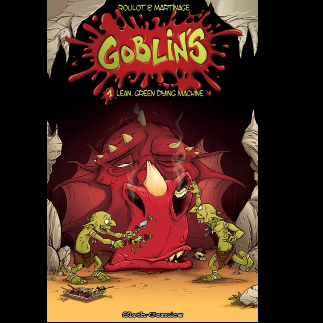 Goblins 1: Lean, Mean, Dying Machines graphic novel. Two green goblins tickling a red dragons nostril's with a feather