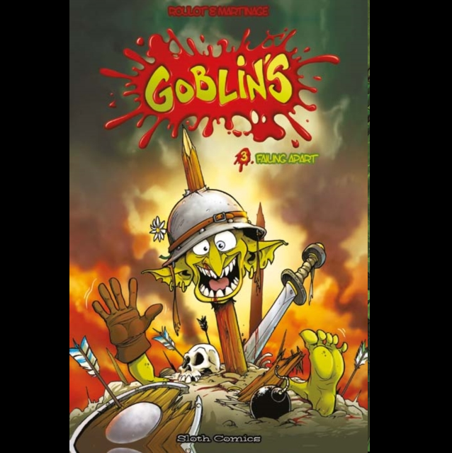 Goblins 3: Failing Apart graphic novel. a cartoon smiling goblin head on a spike with arms and legs sticking out of the ground in various places