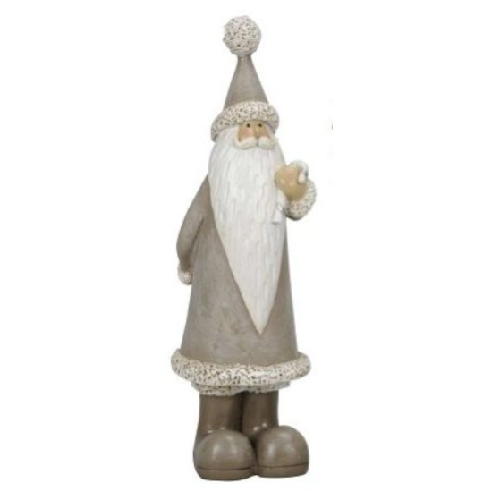 A delightful and stylish tall and slim father Christmas in grey tones wearing a hat with bobble on the top and sporting a long white beard and curled moustache. This classic looking Santa is holding a white and silver candy cane in one hand and has his other hand behind his back. A wonderful and charming figurine for your festive decoration