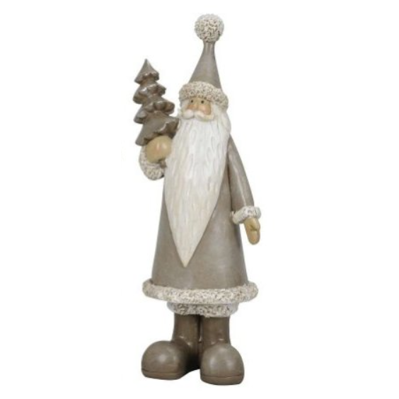 A delightful and stylish tall and slim father Christmas in grey tones wearing a hat with bobble on the top and sporting a long white beard and curled moustache. This classic looking Santa is holding a grey toned tree in one hand with his other hand by his side. A wonderful and charming figurine for your festive decoration