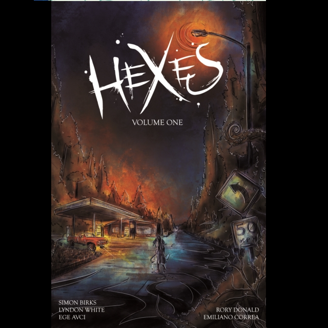 Hexes Volume 1 a 108 page paperback graphic novel. A dark book cover with a girl walking along a road towards a petrol station that has a red car parked and a street light giving an eerie orange glow across the scene