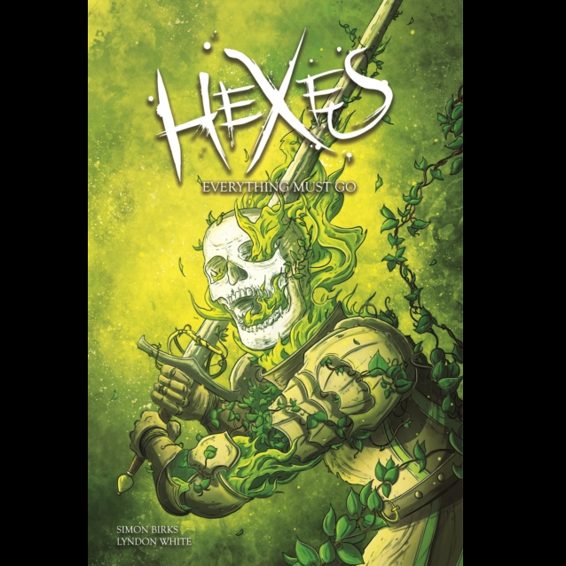 Hexes Volume 2 graphic novel. a bright green book cover with a skeleton in green armour holding a sword