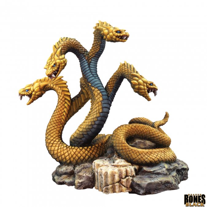 Reaper Miniatures Hydra sculpted by Julie Guthrie from the Bones Black range. A multi headed snake creature from mythology, will your RPG adventuring party be able to defeat this four headed beast?