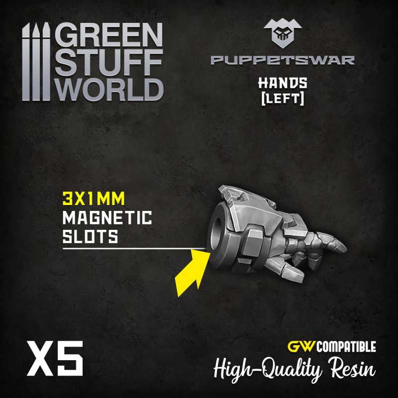 Left Hands by Puppetswar from Green Stuff World. A pack of 5 resin right hands in various poses designed to fit 28/32mm tabletop wargaming miniatures such as Warhammer 40k space marines helping you to modify your army. 