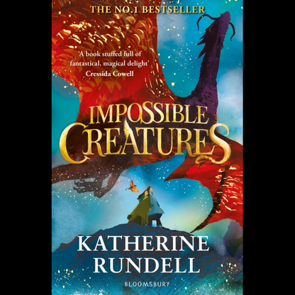 the front cover of Impossible Creatures a paperback novel by Katherine Rundell which features a large red dragon  flying in the sky and two human figures standing underneath it  on a mountain