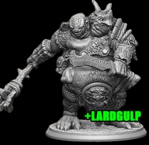 Lardgulp from Reaper Miniatures. An unboxed / not in retail packaging monster with two heads and holding a weapon in each hand sculpted by Jason Wiebe from the Bones6 kickstarter for your roleplaying games (RPG), painting, collecting and gaming needs