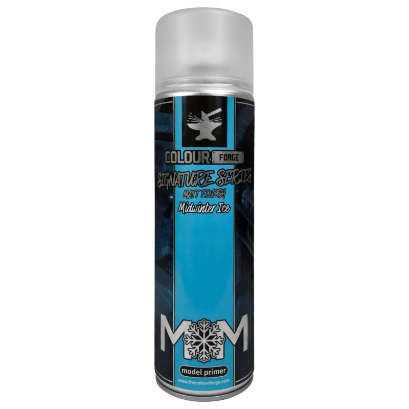 An image of a rattle can spray primer with an ice blue stripe down the front. A 500ml can of Colour Forge Signature Series Model Primer Midwinter Ice. A matt finish model primer which is a colour match to Games Workshop Citadel Baharroth Blue