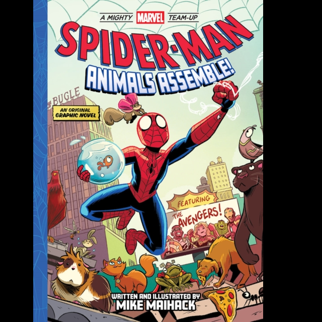 Mighty Marvel Team-Up Spider-Man Animals Assemble graphic novel. Brightly coloured book cover with spiderman holding a goldfish bowl and animals all around