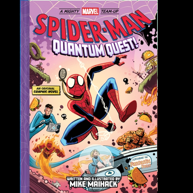 Mighty Marvel Team-Up Spider-Man Quantum Quest graphic novel. brightly coloured book cover, spider man has a medal around his neck and the fantastic four are in the background