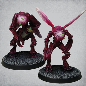 Migo by Crooked Dice, a set of two 28mm scale metal miniatures representing weird creatures with odd humanoid features and wings. Round heads with no face features and claws for hands