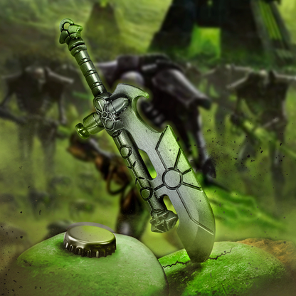 An officially licensed Warhammer Necron Hyperphase bottle opener fashioned in the likeness of a formidable Hyperphase sword  with  bottle cap in the foreground and green back ground with necron warriors 