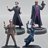 Node Agents by Crooked Dice. A pack of four miniatures representing human agents, three male and one female, three with guns and one without and all wearing sunglasses/ shades making a great edition to your RPGs, tabletop gaming or a gift for a Matrix fan