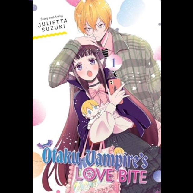 Otaku Vampire's Love Bite, Vol. 1. Two manga characters, a boy stands behind a girl who has pointed ears and hugs a doll