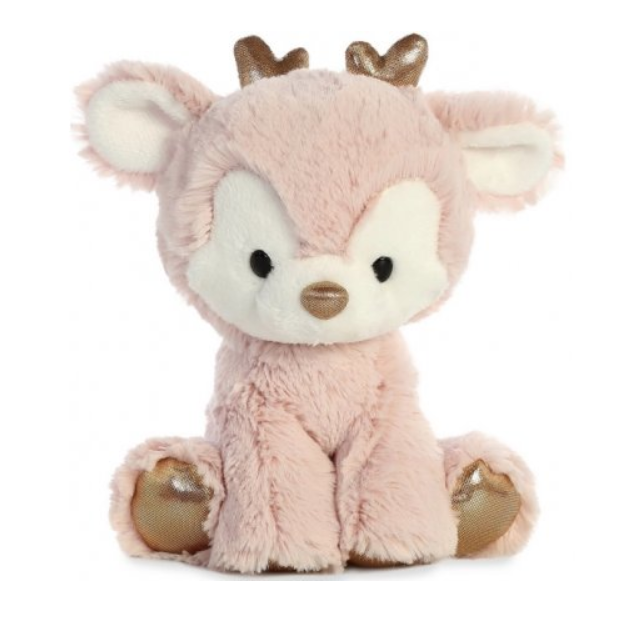 Pink Reindeer plushie, a super cute and snuggly reindeer with rosy pink fur, gold nose and antlers making a wonderful gift