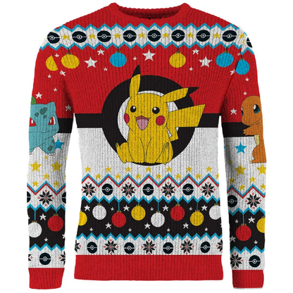 Pokémon Christmas jumper. A Christmas jumper featuring Pikachu sat in the middle, Bulbasaur and Charmander on the sleeves