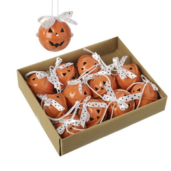 A set of 12 orange pumpkin style bells each with a polka dot fabric bow and a white hanging string making a super cute edition to your Halloween tree or an alternative Christmas decoration for your home