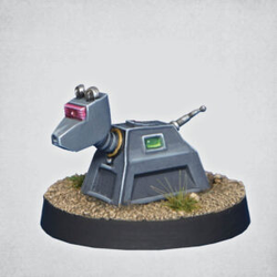 Robot Dog by Crooked Dice. A metal miniature representing a robotic dog for your sci fi table making a great edition to your RPGs, tabletop gaming or a gift for a Dr Who fan