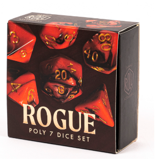 Red and black dice with gold numbers in a cardboard box 