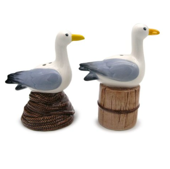 Seagull novelty salt and pepper set representing two heron gulls sitting on water themed items, one on a wooden pier and one on a coiled rope, in a blue and white finish adding an elegant but fun edition to your table