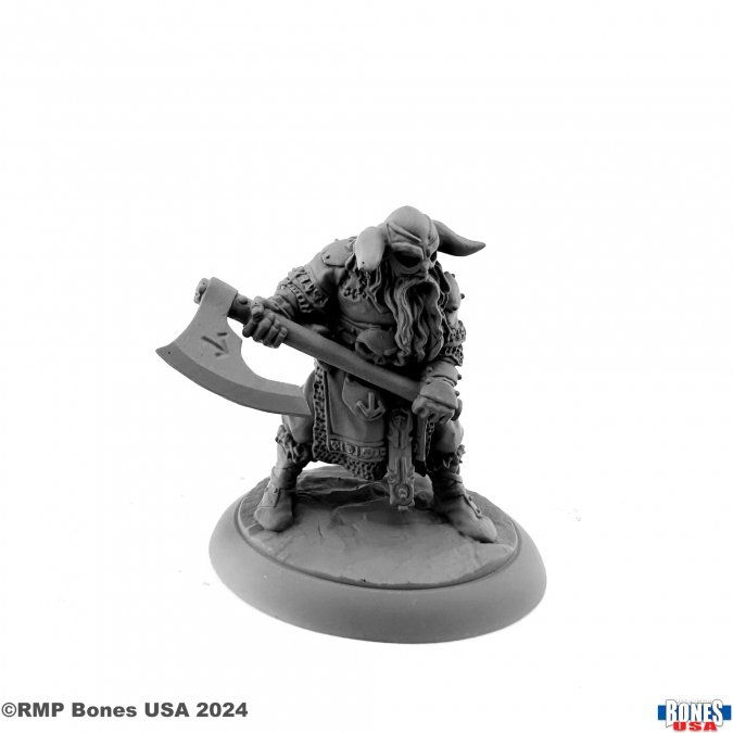 30171 Sigurd Viking Warrior from the Reaper bones USA legends range, sculpted by Werner Klocke. A fierce looking warrior wearing a horned helm and carrying a large two handed axe, a great edition to you Dungeons & Dragons, tabletop game or other RPG