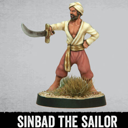 Sinbad the Sailor by Crooked Dice, a 28mm scale metal miniatures depicting Sinbad the sailor a maritime hero holding his sword out in front of him and an open shirt held with a sash around his waist 