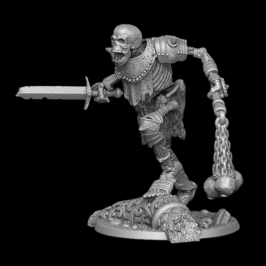 Skeleton Giant from Reaper Miniatures. An unboxed / not in retail packaging giant skeleton holding a sword in one hand and a morning star chain ball style weapon in the other with a 3" base from the Bones6 kickstarter for your roleplaying games (RPG), painting, collecting and gaming needs