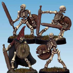 Skeleton Warriors set 1 by Crooked Dice, a set of four 28mm scale metal miniatures depicting undead warriors with sword and shields in various poses including one with a pointed hat and cloak on a light blue background