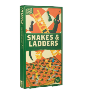 Snakes and Ladders boxed game. a green and orange box with pictures of a green snake and yellow ladder