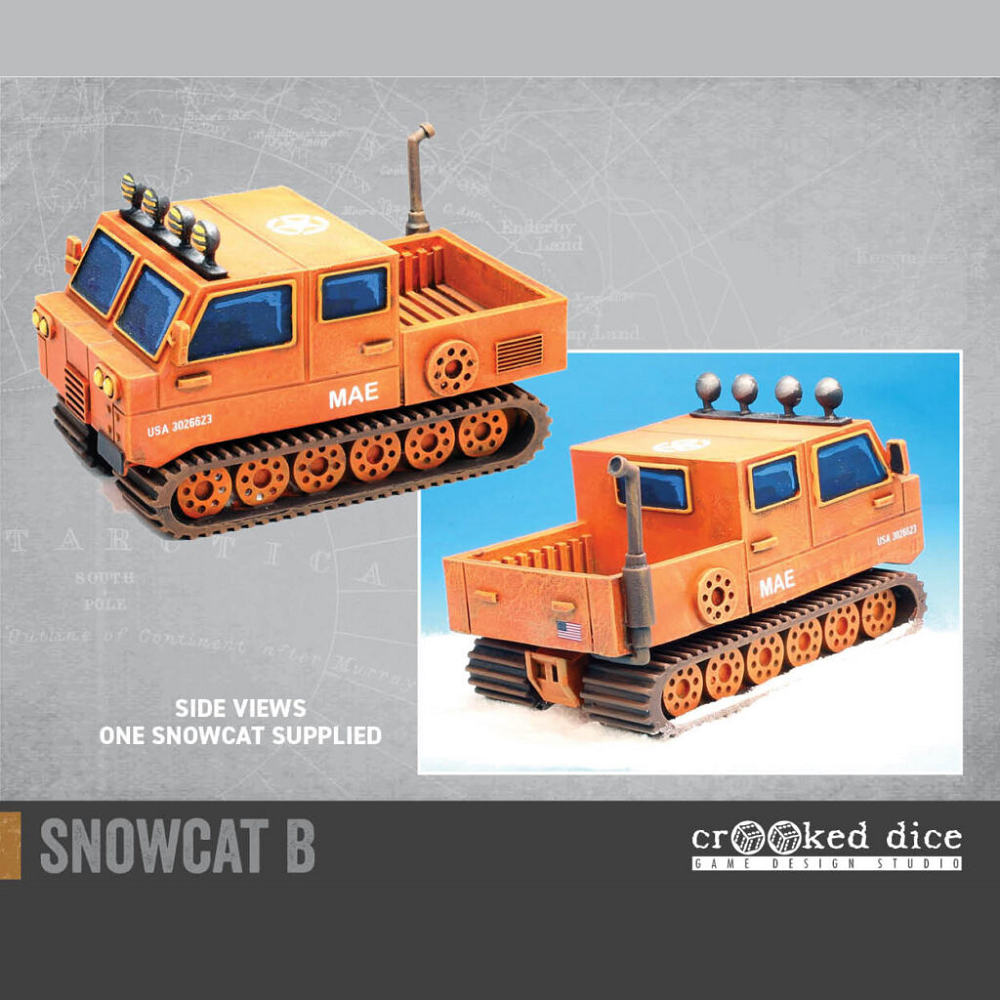 SnowCat B by Crooked Dice a yellow boxy vehicle with open back on tracks for your tabletop gaming needs