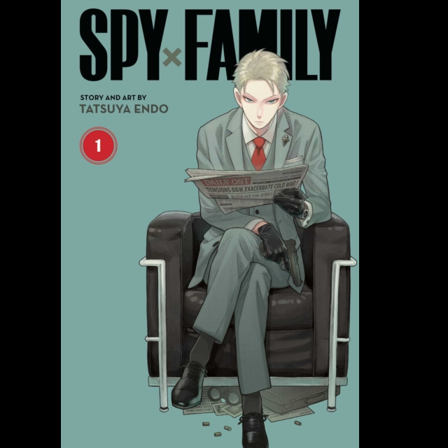 Spy x Family Vol. 1 a 220 page paperback fantasy manga graphic novel with a dusky green background, man sitting in a black chair reading a newspaper holding a gun