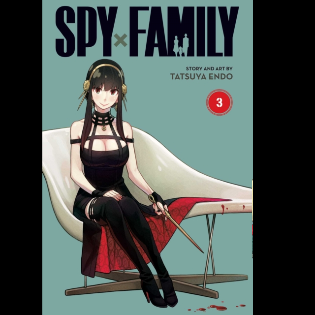 Spy x Family Vol. 3 a 200 page paperback fantasy manga graphic novel. a dusky green background with a lady dressed in a revealing black dress sat on a chaise longue style seat  with blood splatters