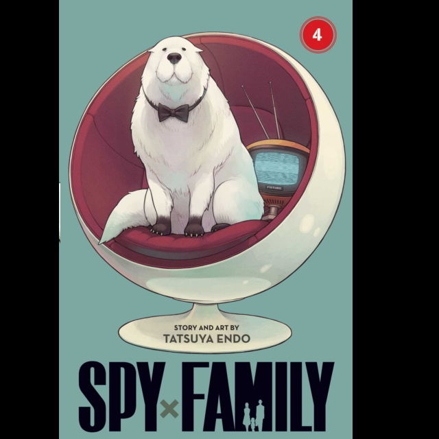 Spy x Family Vol. 4 a 200 page paperback fantasy manga graphic novel. a dusky green backgroun with a white egg chair and a large white dog sat in it with a tv